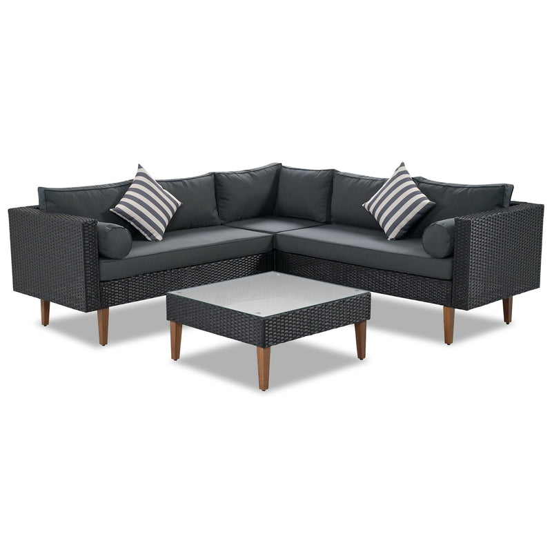 4 PCS Outdoor Patio Wicker Sectional L-shaped Sofa Set with Gray Cushions and Black Rattan