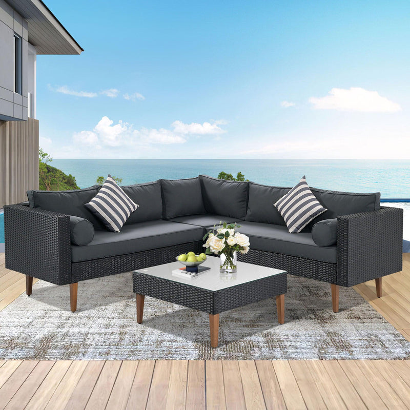4 PCS Outdoor Patio Wicker Sectional L-shaped Sofa Set with Gray Cushions and Black Rattan