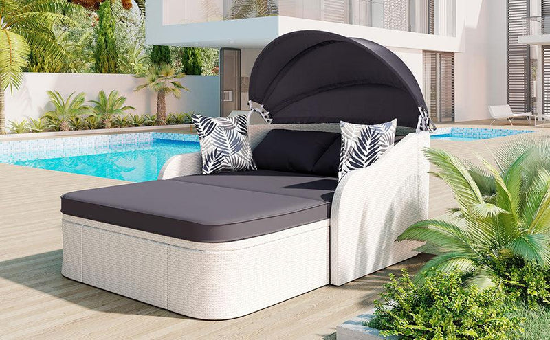 79.9" Outdoor Double Lounge Sunbed with Adjustable Canopy, White Wicker And Gray Cushion