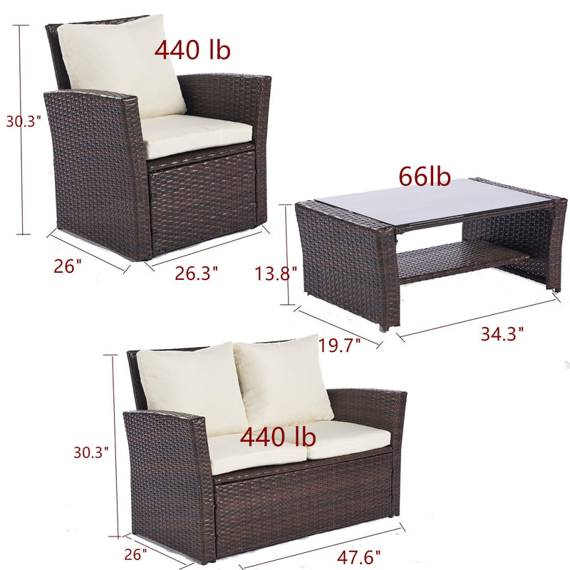 4 PCS Outdoor Patio Garden Rattan Furniture Set with Tempered Glass Coffee and Beige Cushion - Urban Living Furniture (Los Angeles, CA)