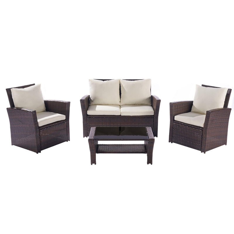 4 PCS Outdoor Patio Garden Rattan Furniture Set with Tempered Glass Coffee and Beige Cushion - Urban Living Furniture (Los Angeles, CA)