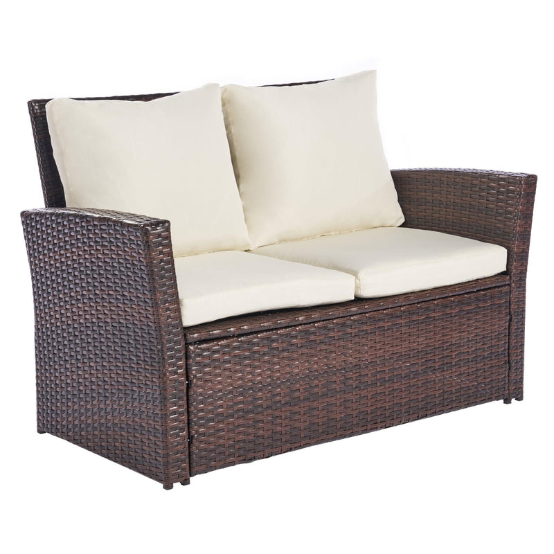 4 PCS Outdoor Patio Garden Rattan Furniture Set with Tempered Glass Coffee and Beige Cushion