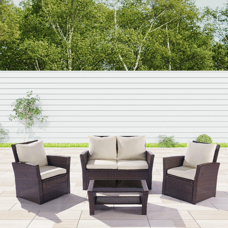 4 PCS Outdoor Patio Garden Rattan Furniture Set with Tempered Glass Coffee and Beige Cushion