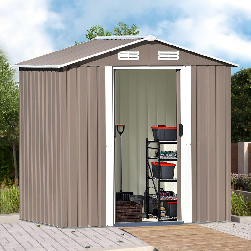 6ft x 4ft Outdoor Garden Metal Lean-to Shed with Lockable Door - Brown - Urban Living Furniture (Los Angeles, CA)