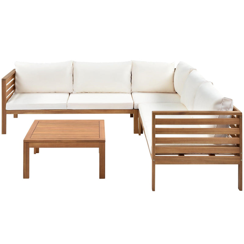 Wood Structure Outdoor Sofa Set with beige Cushions Exotic design Water-resistant and UV Protected texture Two-person Sofa One Corner Sofa plus One Coffee Table Strong Metal Accessories