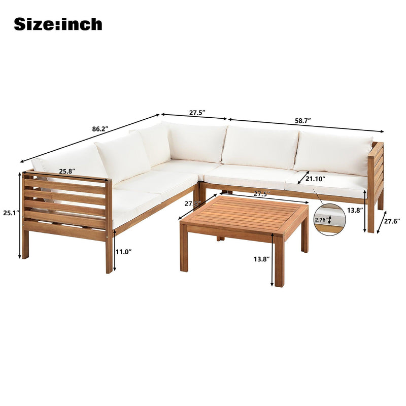 Wood Structure Outdoor Sofa Set with beige Cushions Exotic design Water-resistant and UV Protected texture Two-person Sofa One Corner Sofa plus One Coffee Table Strong Metal Accessories