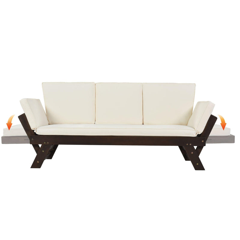 Outdoor Adjustable Patio Wooden Daybed Sofa Chaise Lounge with Cushions for Small Places, Brown FinishandBeige Cushion - Urban Living Furniture (Los Angeles, CA)