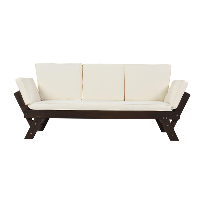 Outdoor Adjustable Patio Wooden Daybed Sofa Chaise Lounge with Cushions for Small Places, Brown FinishandBeige Cushion - Urban Living Furniture (Los Angeles, CA)