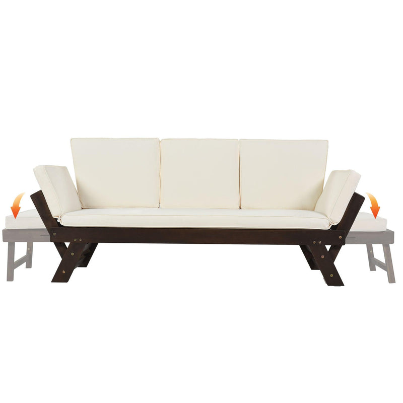 Outdoor Adjustable Patio Wooden Daybed Sofa Chaise Lounge with Cushions for Small Places, Brown FinishandBeige Cushion