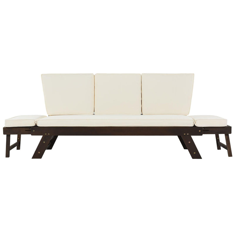 Outdoor Adjustable Patio Wooden Daybed Sofa Chaise Lounge with Cushions for Small Places, Brown FinishandBeige Cushion - Urban Living Furniture (Los Angeles, CA)