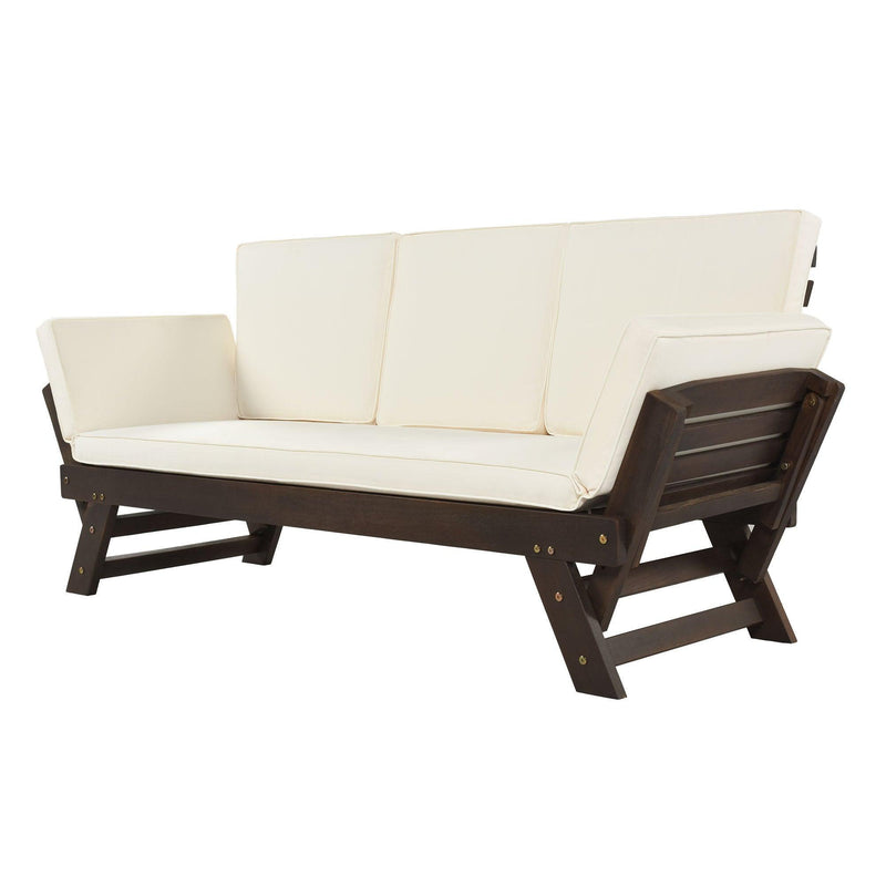 Outdoor Adjustable Patio Wooden Daybed Sofa Chaise Lounge with Cushions for Small Places, Brown FinishandBeige Cushion