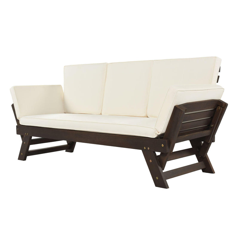 Outdoor Adjustable Patio Wooden Daybed Sofa Chaise Lounge with Cushions for Small Places, Brown FinishandBeige Cushion - Urban Living Furniture (Los Angeles, CA)