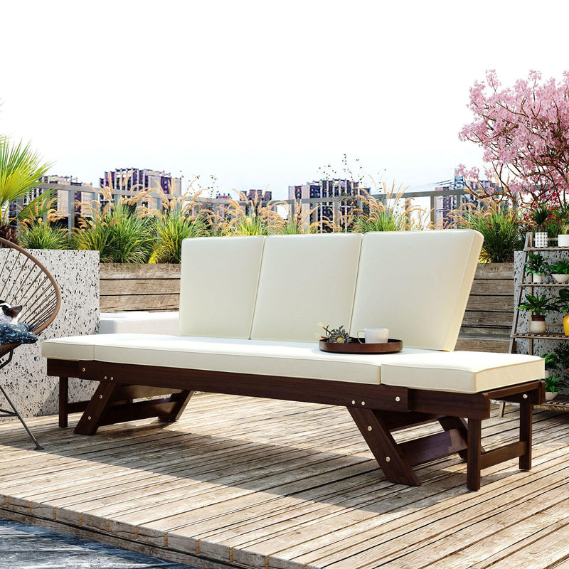 Outdoor Adjustable Patio Wooden Daybed Sofa Chaise Lounge with Cushions for Small Places, Brown FinishandBeige Cushion - Urban Living Furniture (Los Angeles, CA)