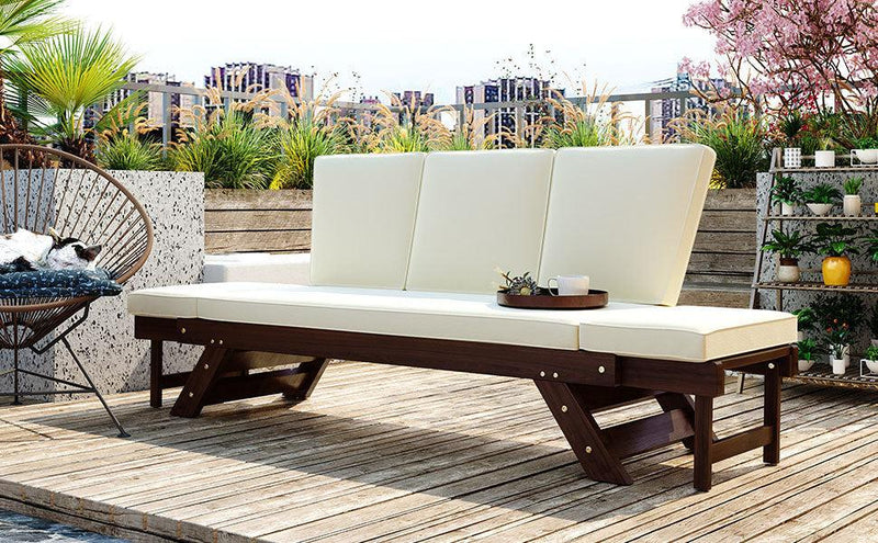 Outdoor Adjustable Patio Wooden Daybed Sofa Chaise Lounge with Cushions for Small Places, Brown FinishandBeige Cushion