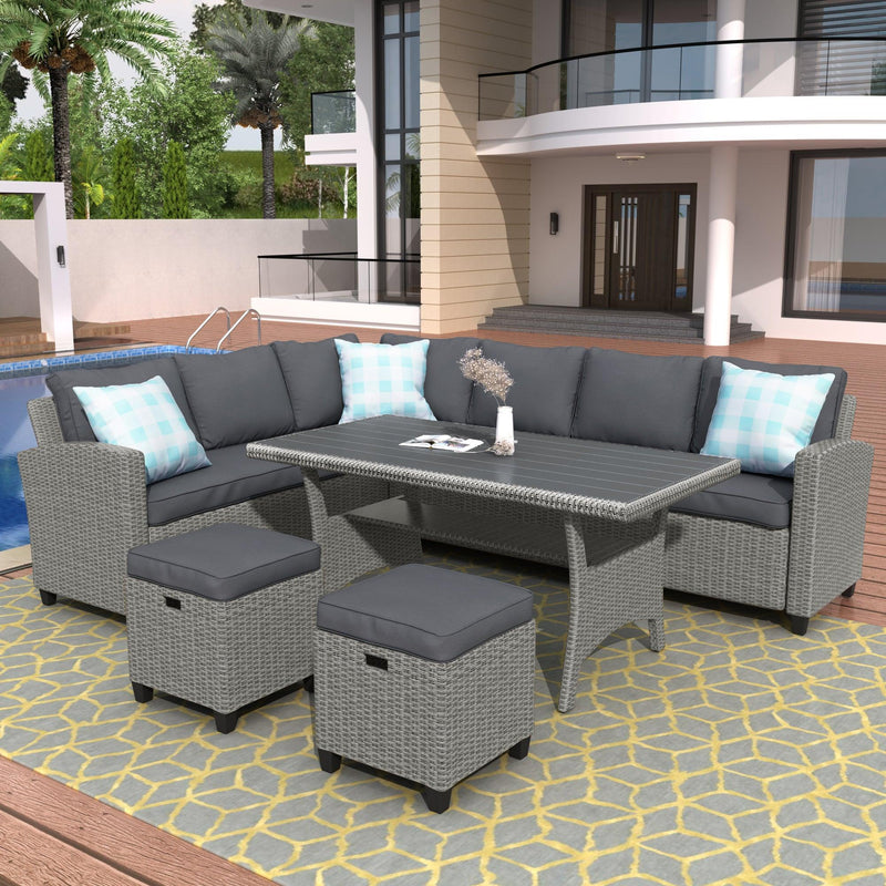 5 PCS Outdoor Rattan Furniture Set, Dining Table with Sofas, Ottoman, Gray Cushions and Throw Pillows