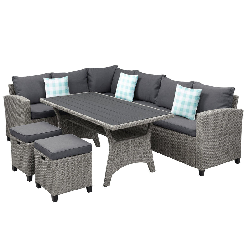 5 PCS Outdoor Rattan Furniture Set, Dining Table with Sofas, Ottoman, Gray Cushions and Throw Pillows
