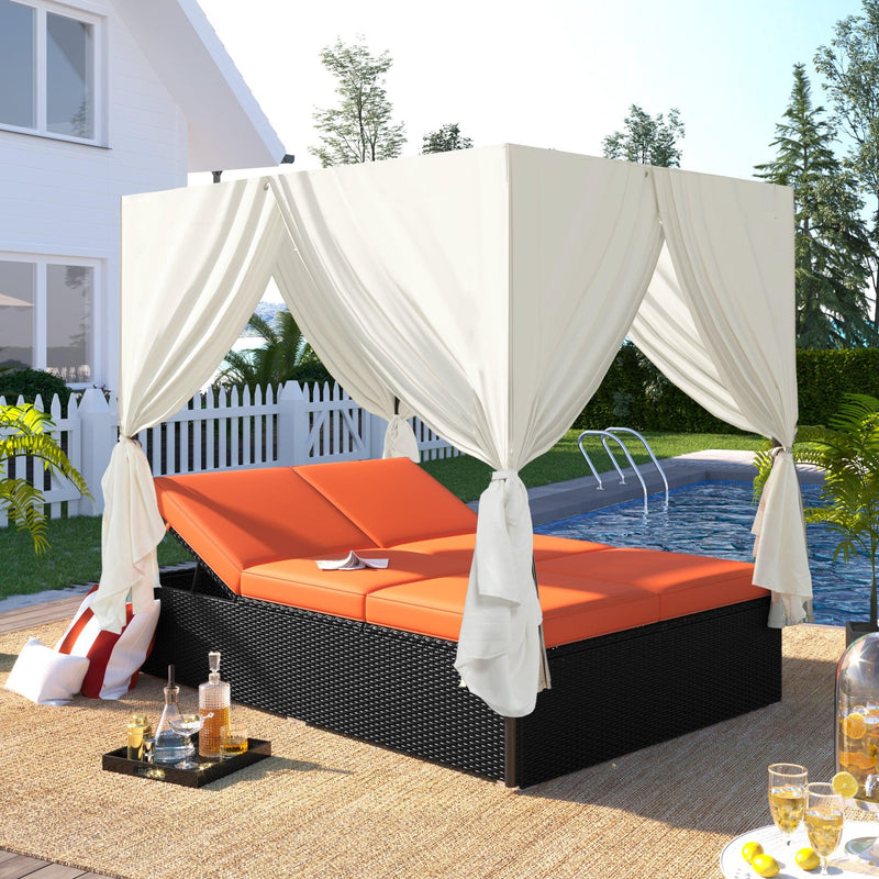 Outdoor Patio Wicker Sunbed Daybed with Cushions and Adjustable Seats - Orange Cushions