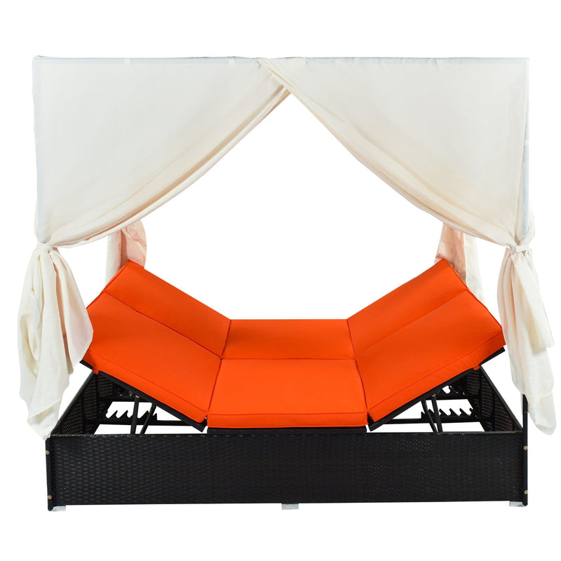 Outdoor Patio Wicker Sunbed Daybed with Cushions and Adjustable Seats - Orange Cushions