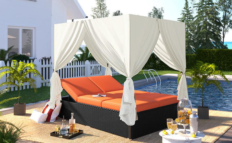 Outdoor Patio Wicker Sunbed Daybed with Cushions and Adjustable Seats - Orange Cushions - Urban Living Furniture (Los Angeles, CA)