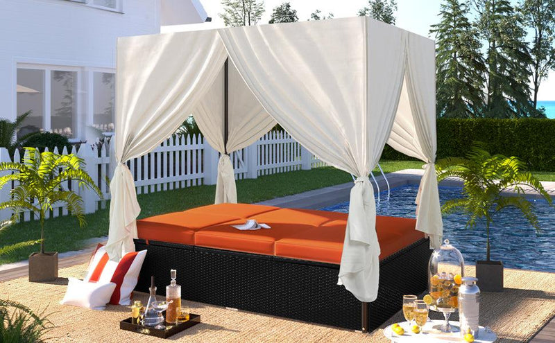 Outdoor Patio Wicker Sunbed Daybed with Cushions and Adjustable Seats - Orange Cushions - Urban Living Furniture (Los Angeles, CA)