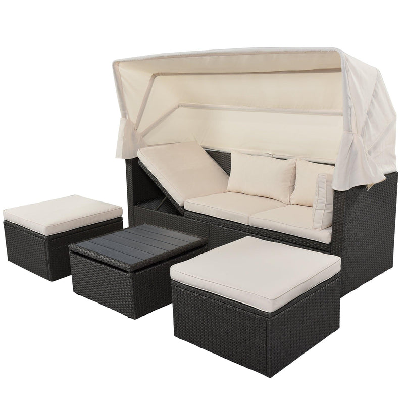 Outdoor Patio Wicker Rattan Rectangle Daybed and Adjustable Canopy with Lifted Table, Ottoman and Beige Cushion - Urban Living Furniture (Los Angeles, CA)