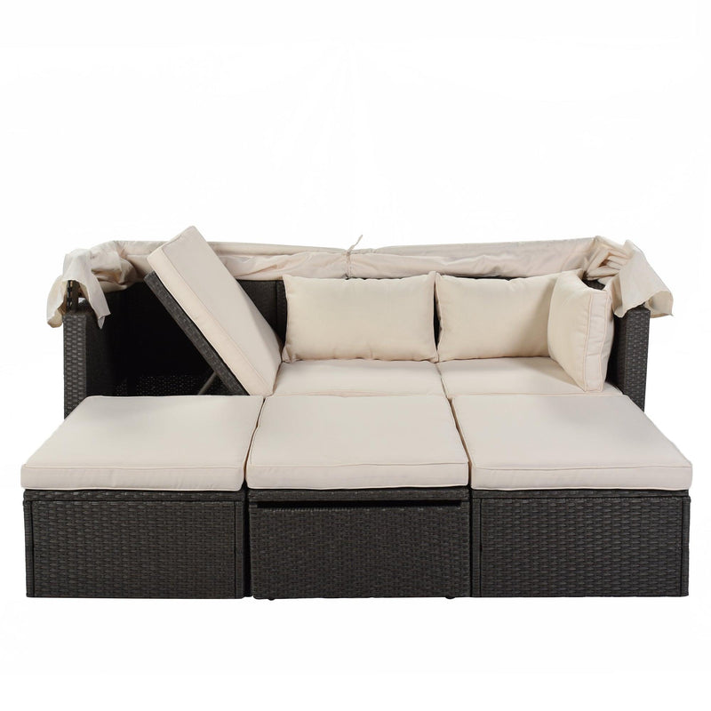 Outdoor Patio Wicker Rattan Rectangle Daybed and Adjustable Canopy with Lifted Table, Ottoman and Beige Cushion