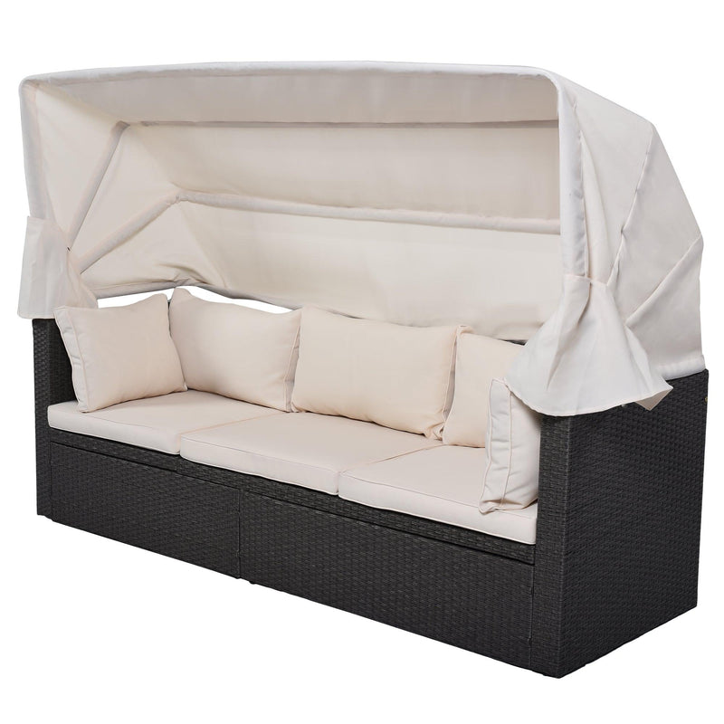 Outdoor Patio Wicker Rattan Rectangle Daybed and Adjustable Canopy with Lifted Table, Ottoman and Beige Cushion - Urban Living Furniture (Los Angeles, CA)