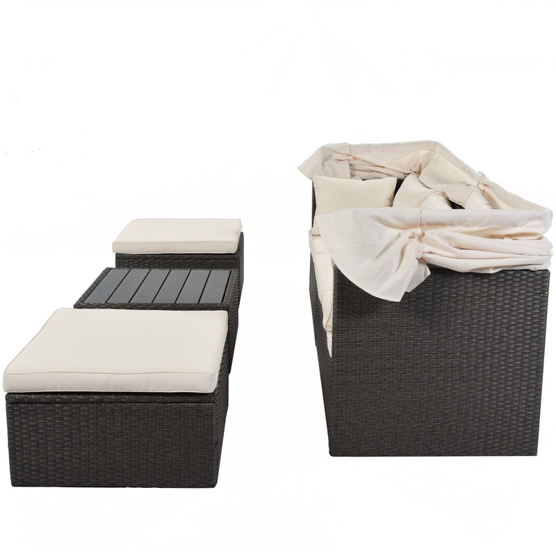Outdoor Patio Wicker Rattan Rectangle Daybed and Adjustable Canopy with Lifted Table, Ottoman and Beige Cushion