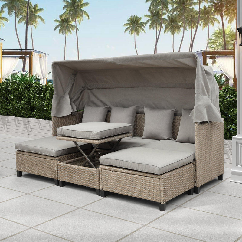 4 PCS UV-Resistant Resin Wicker Patio Sofa Set with Retractable Canopy, Cushions and Lifting Table - Brown