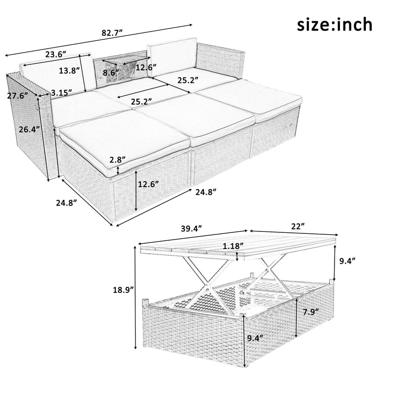 Patio Furniture Sets, 5 PCS Patio Wicker Sofa with Adustable Backrest, Cushions, Ottomans and Lift Top Coffee Table - Urban Living Furniture (Los Angeles, CA)