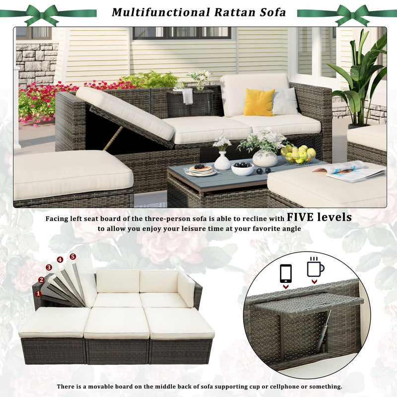 Patio Furniture Sets, 5 PCS Patio Wicker Sofa with Adustable Backrest, Cushions, Ottomans and Lift Top Coffee Table