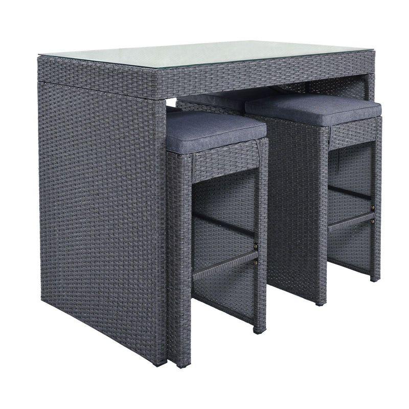 5 PCS Rattan Outdoor Patio Furniture Set Bar Dining Table Set with 4 Stools, Gray CushionandGray Wicker