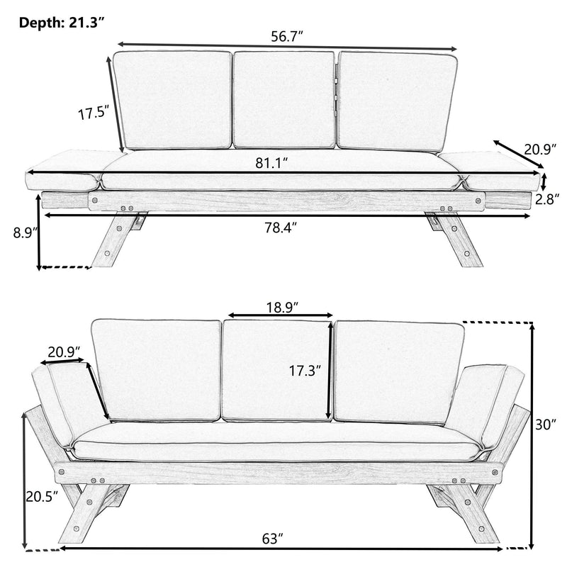 Outdoor Adjustable Patio Wooden Daybed Sofa Chaise Lounge with Cushions for Small Places, Brown FinishandBeige Cushion