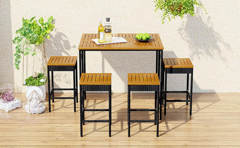 5 PCS Outdoor Patio Wicker Bar Set, Garden PE Rattan Wicker Dining Table, Square Stool Set, Foldable Tabletop, Acacia Wood Tabletop, High-Dining Bistro Set with 4 Stools And 1 Wood Table, Brown - Urban Living Furniture (Los Angeles, CA)