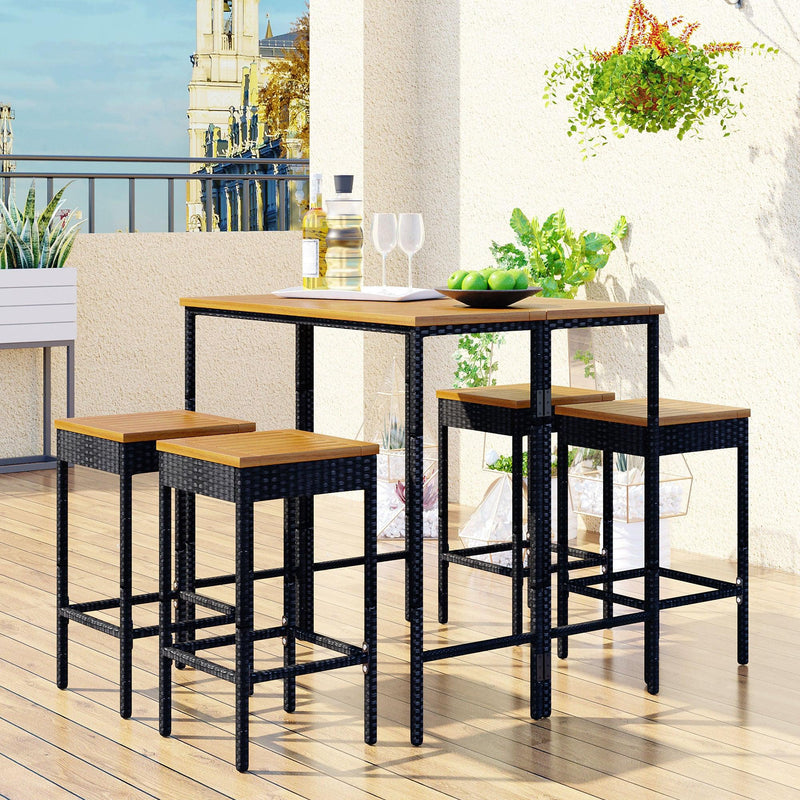 5 PCS Outdoor Patio Wicker Bar Set, Garden PE Rattan Wicker Dining Table, Square Stool Set, Foldable Tabletop, Acacia Wood Tabletop, High-Dining Bistro Set with 4 Stools And 1 Wood Table, Brown - Urban Living Furniture (Los Angeles, CA)