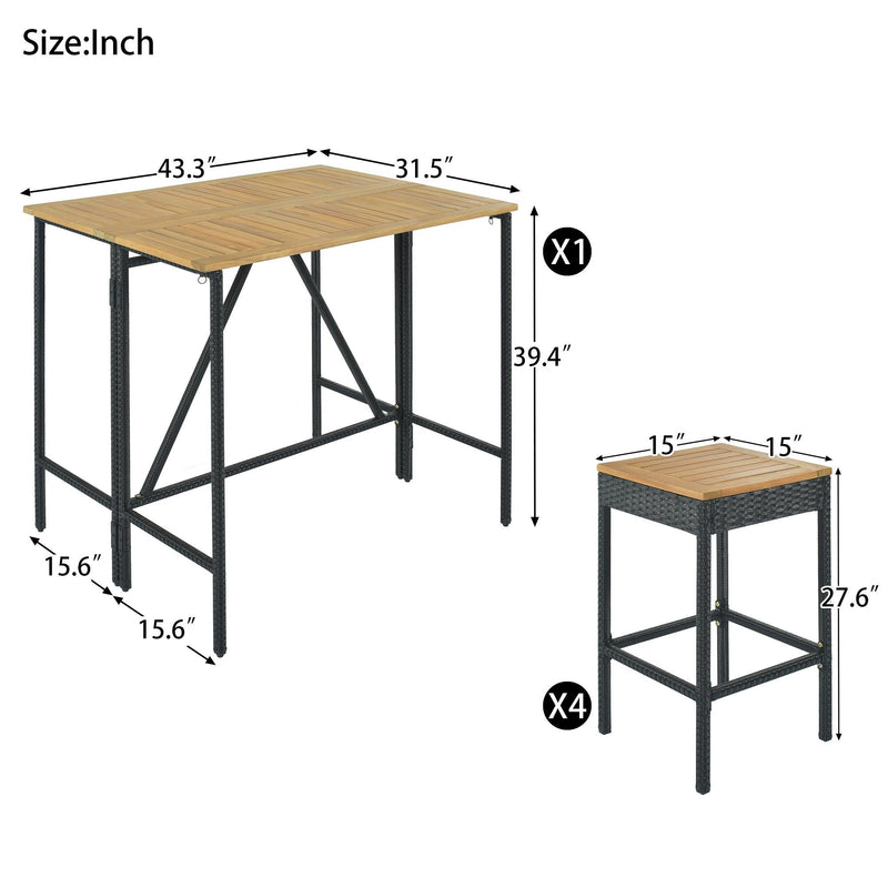 5 PCS Outdoor Patio Wicker Bar Set, Garden PE Rattan Wicker Dining Table, Square Stool Set, Foldable Tabletop, Acacia Wood Tabletop, High-Dining Bistro Set with 4 Stools And 1 Wood Table, Brown - Urban Living Furniture (Los Angeles, CA)