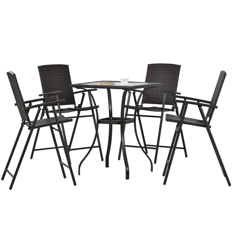 Outdoor Patio PE Wicker 5 PCS Counter Height Dining Table Set with Umbrella Hole and  4 Foldable Chairs, Brown