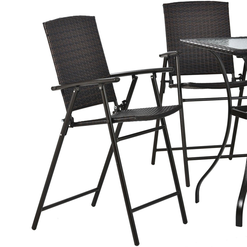 Outdoor Patio PE Wicker 5 PCS Counter Height Dining Table Set with Umbrella Hole and  4 Foldable Chairs, Brown