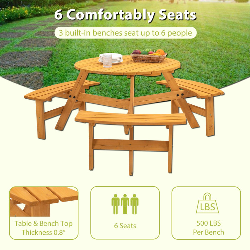 6-Person Circular Outdoor Wooden Picnic Table with 3 Built-in Benches - Natural