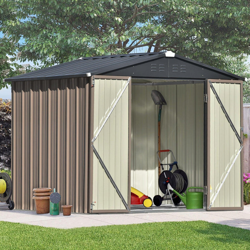 8ft x 6ft Outdoor Garden Metal Lean-to Shed with Lockable Doors - Brown - Urban Living Furniture (Los Angeles, CA)