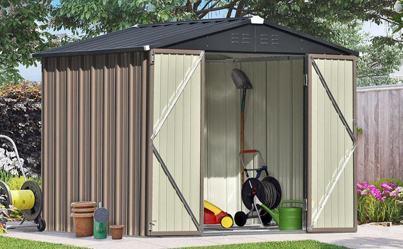 8ft x 6ft Outdoor Garden Metal Lean-to Shed with Lockable Doors - Brown - Urban Living Furniture (Los Angeles, CA)