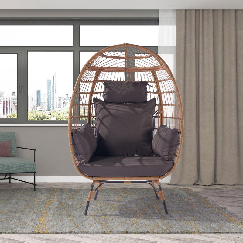 Wicker Egg Chair, Oversized Indoor Outdoor Lounger for Patio, Backyard, Living Room w/ 5 Cushions, Steel Frame, 440lb Capacity - Dark Grey - Urban Living Furniture (Los Angeles, CA)