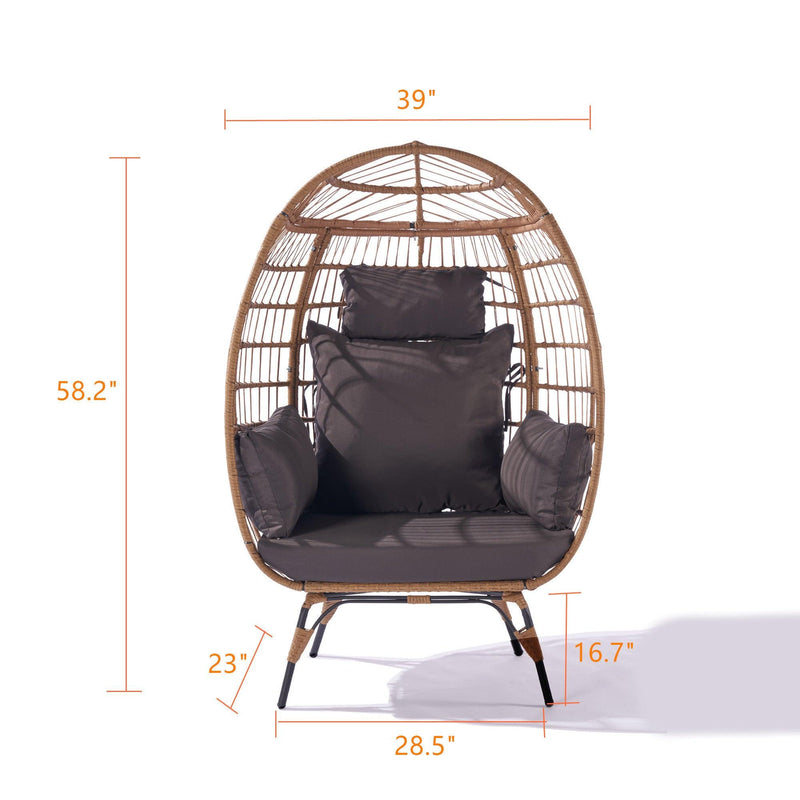 Wicker Egg Chair, Oversized Indoor Outdoor Lounger for Patio, Backyard, Living Room w/ 5 Cushions, Steel Frame, 440lb Capacity - Dark Grey