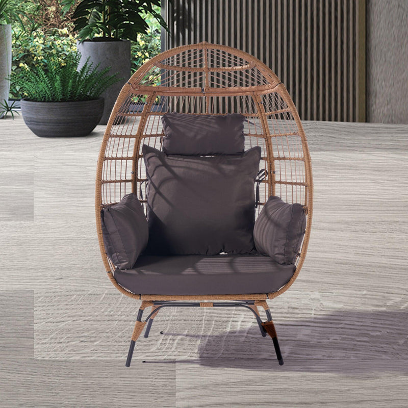 Wicker Egg Chair, Oversized Indoor Outdoor Lounger for Patio, Backyard, Living Room w/ 5 Cushions, Steel Frame, 440lb Capacity - Dark Grey