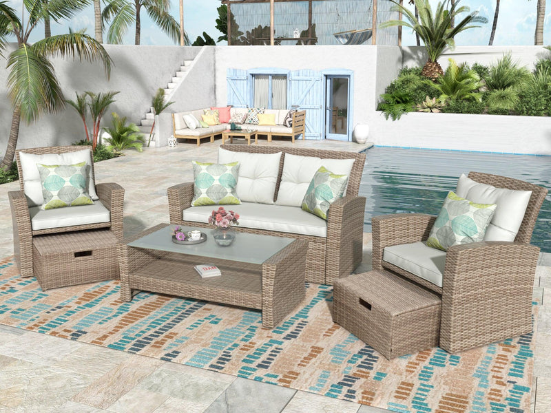 4 PCS Outdoor All Weather Wicker Rattan Patio Furniture Set with Ottoman and Beige Cushions