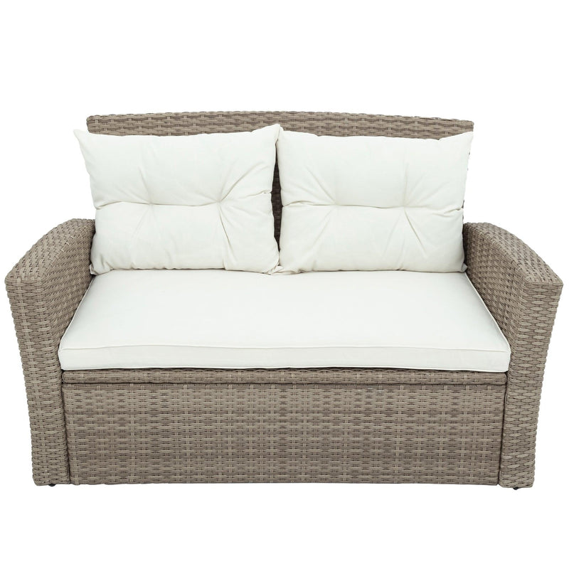 4 PCS Outdoor All Weather Wicker Rattan Patio Furniture Set with Ottoman and Beige Cushions
