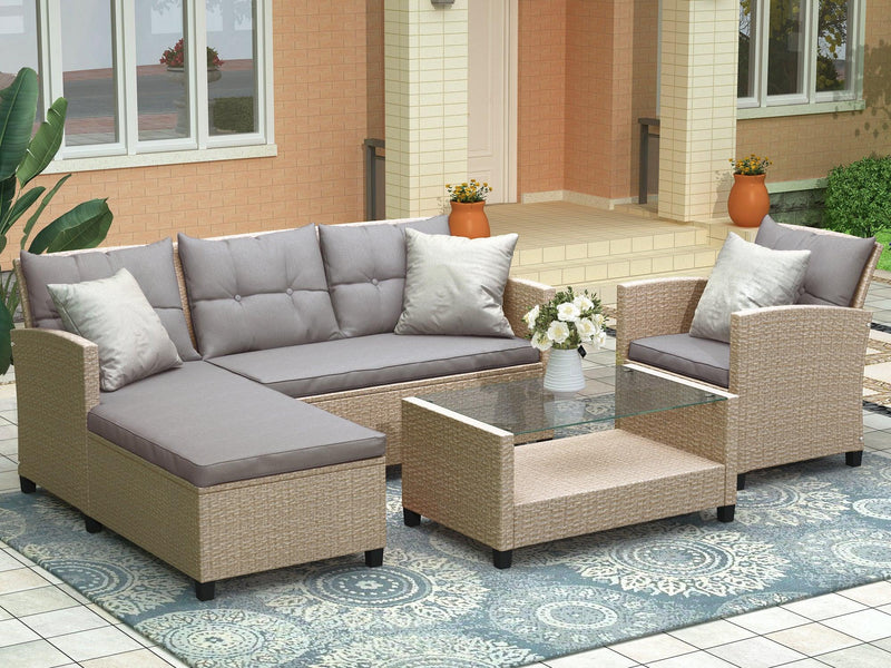 Outdoor, Patio Furniture Sets, 4 PCS Conversation Set Wicker Ratten Sectional Sofa with Seat Cushions(Beige Brown) - Urban Living Furniture (Los Angeles, CA)