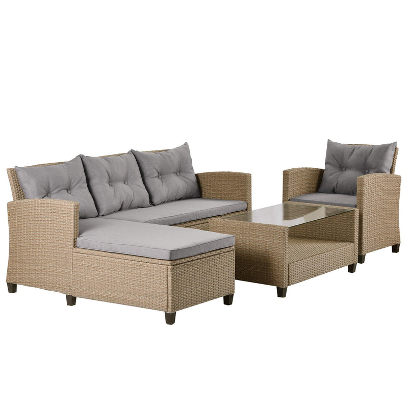 Outdoor, Patio Furniture Sets, 4 PCS Conversation Set Wicker Ratten Sectional Sofa with Seat Cushions(Beige Brown)