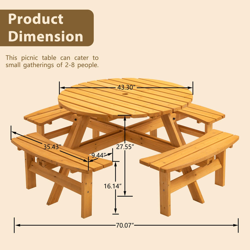6-Person Circular Outdoor Wooden Picnic Table with 4 Built-in Benches - Natural