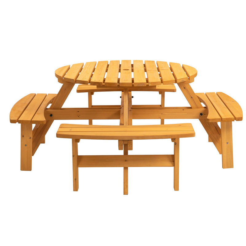 6-Person Circular Outdoor Wooden Picnic Table with 4 Built-in Benches - Natural
